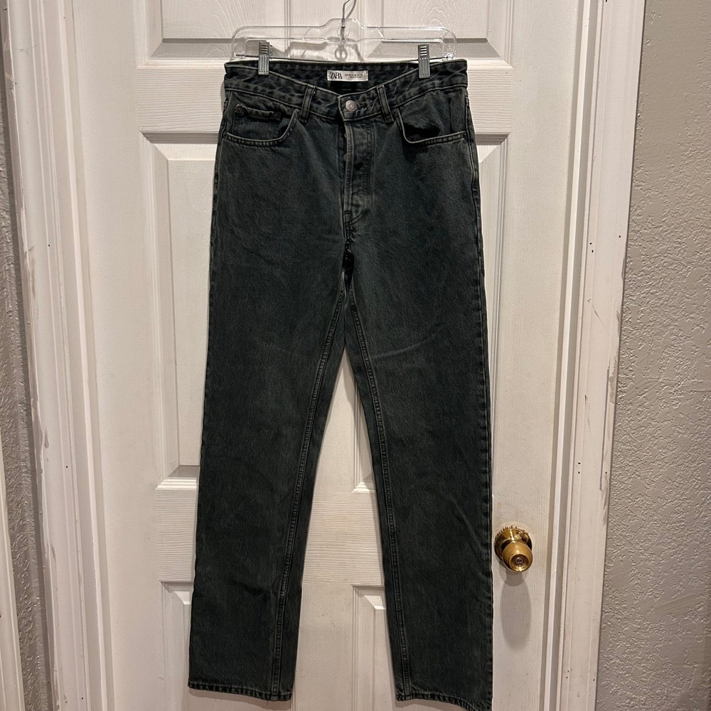 ZARA Unisex Dark Gray Green Denim Straight Leg Button Fly Jeans Size 30